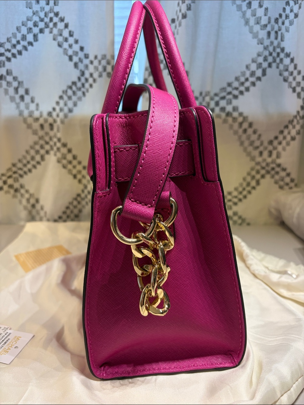 Michael Kors Fuchsia Purple Hamilton Saffiano Leather Satchel with Gold Hardware - Picture 2 of 10